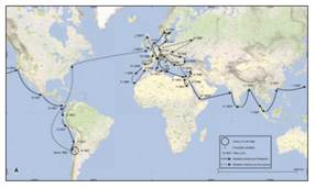 Itinerario del viaje alrededor del mundo de Francisco Echaurren, 1852-1857. Fuente: Echaurren, 1853, 1854a, 1854b, 1855 y s.f.-a, pp. 25-26. Elaboración propia.