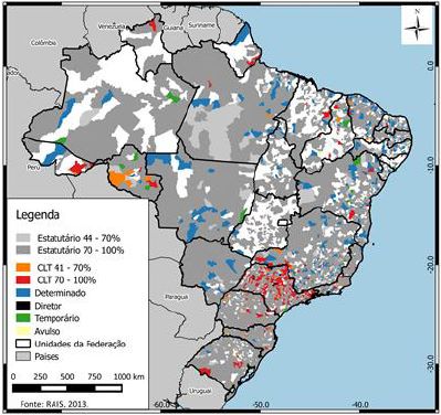 Distribuição espacial da prevalência dos vínculos dos profissionais da assistência social: Brasil, por municípios – Rais, 2013