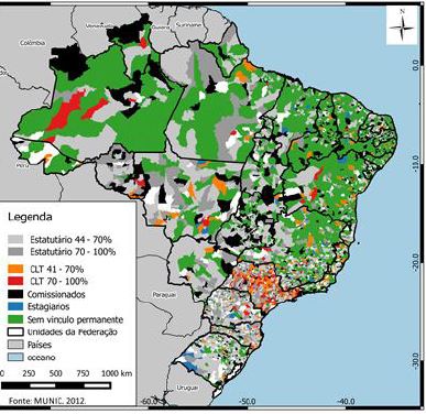 Distribuição espacial da prevalência dos vínculos dos profissionais da assistência social: Brasil, por municípios – Munic, 2012