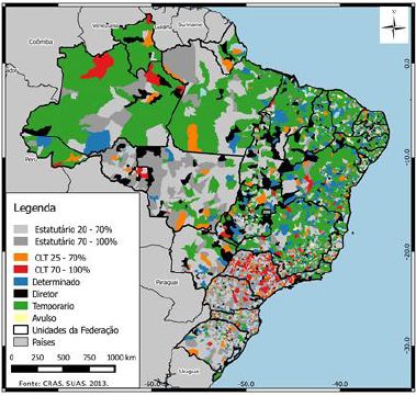 Distribuição espacial da prevalência dos vínculos dos profissionais da assistência social: Brasil, por municípios – Cras, Suas, 2013