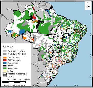 Distribuição espacial da prevalência dos vínculos dos profissionais da assistência social: Brasil, por municípios – Creas, Suas, 2013