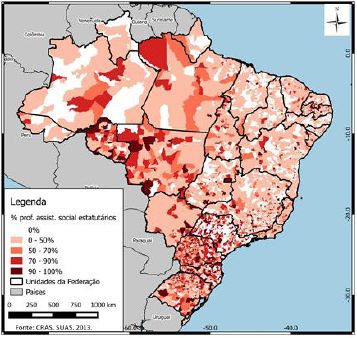 Distribuição espacial da proporção de profissionais da assistência social estatutários: Brasil, por municípios Cras, Suas, 2013