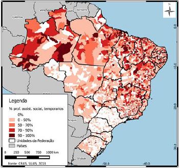 Distribuição espacial da proporção de profissionais da assistência social temporários: Brasil, por municípios Cras, Suas, 2013