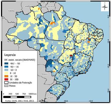 Distribuição espacial da diferença dos assistentes sociais entre Rais e Suas: Brasil, por municípios – 2013