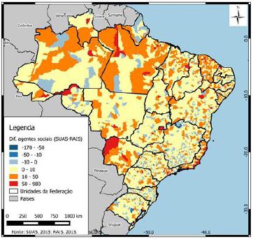 Distribuição espacial da diferença dos agentes sociais entre Rais e Suas: Brasil, por municípios – 2013