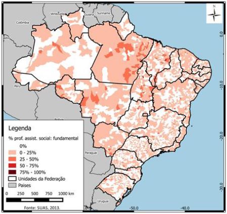 Distribuição espacial da proporção de profissionais da assistência social com ensino fundamental: Brasil, por municípios – Suas, 2013