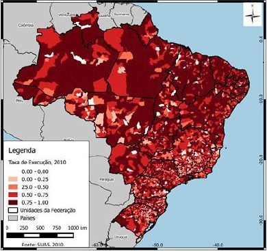 Distribuição espacial da taxa de execução financeira: Brasil, por municípios – IGD-Suas, 2010