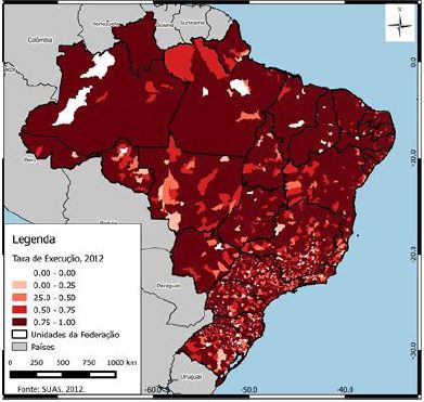Distribuição espacial da taxa de execução financeira: Brasil, por municípios – IGD-Suas, 2012