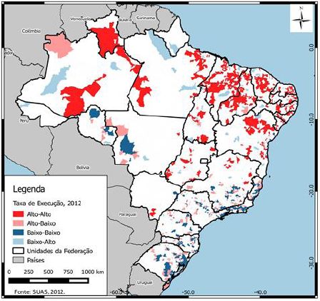 Autocorrelação espacial da taxa de execução: Brasil, por municípios – 2012