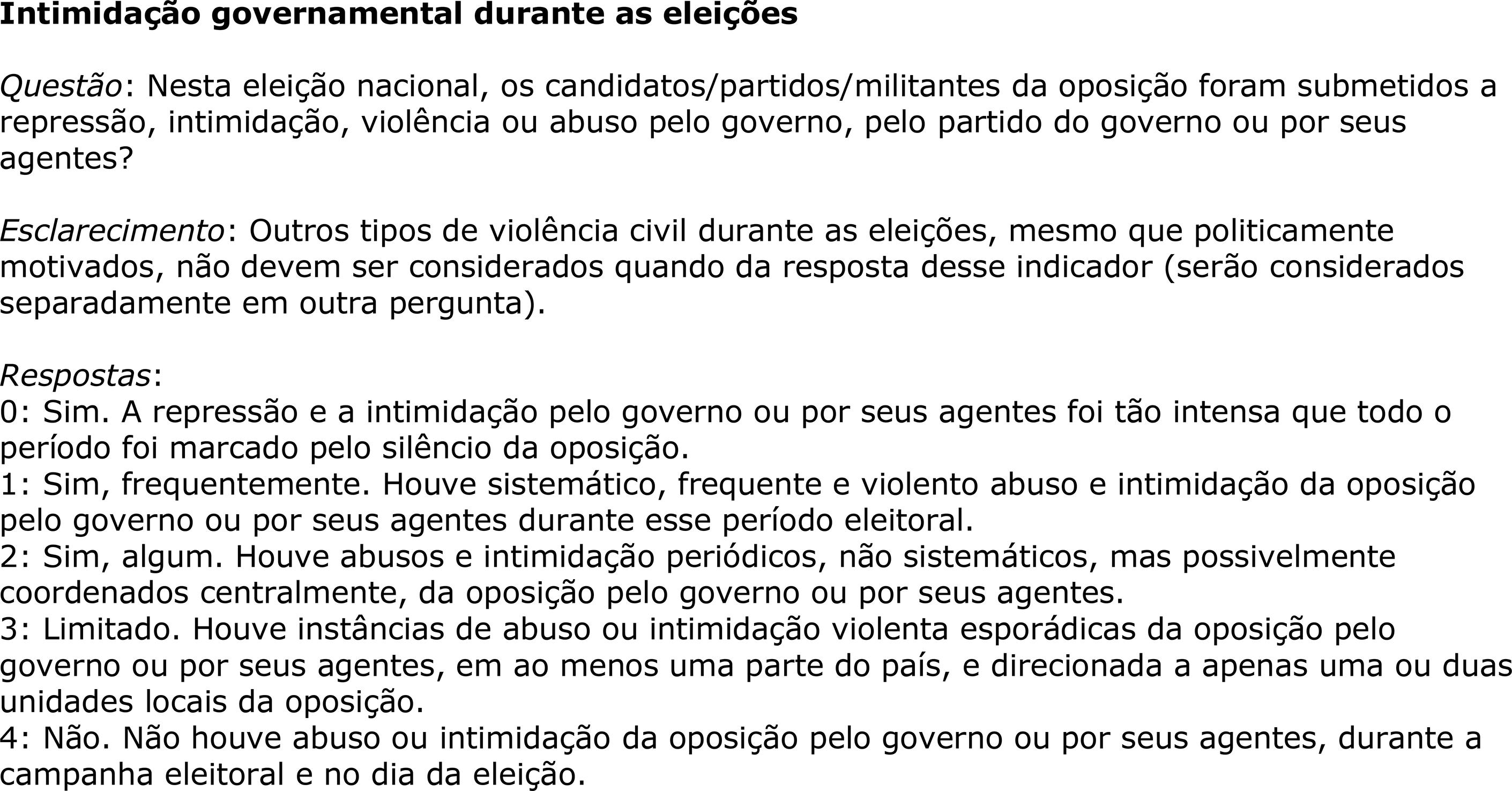 Exemplo de pergunta inclu&iacute;da no question&aacute;rio do V-Dem Intimida&ccedil;&atilde;o governamental durante as elei&ccedil;&otilde;es