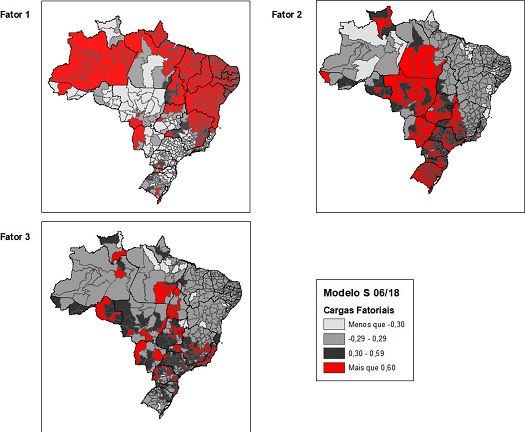 Representa&ccedil;&atilde;o gr&aacute;fica das cargas fatoriais extra&iacute;das da an&aacute;lise fatorial do modelo S referente aos resultados eleitorais dos dois primeiros colocados nas elei&ccedil;&otilde;es presidenciais em primeiro turno de 2006 a 2018 na escala das microrregi&otilde;es
