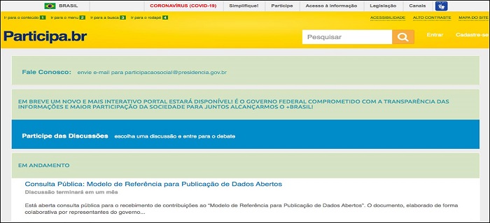 : Imagem atual da tela da plataforma Participa.br