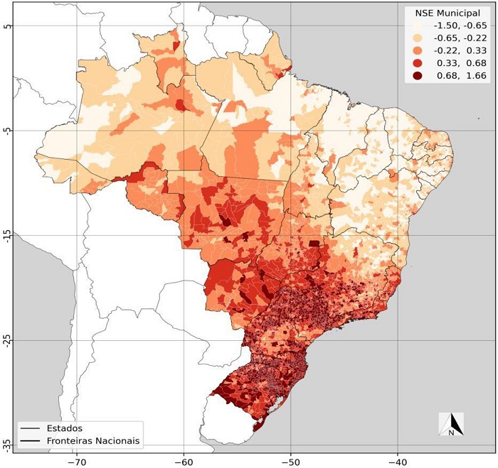 &ndash; Cartograma da distribui&ccedil;&atilde;o territorial da m&eacute;dia municipal do NSE das escolas