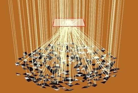 Simulaci&oacute;n Monte Carlo en Tonatiuh Raytracer. Se observa el modelo CAD compuesto por las facetas ensayadas.