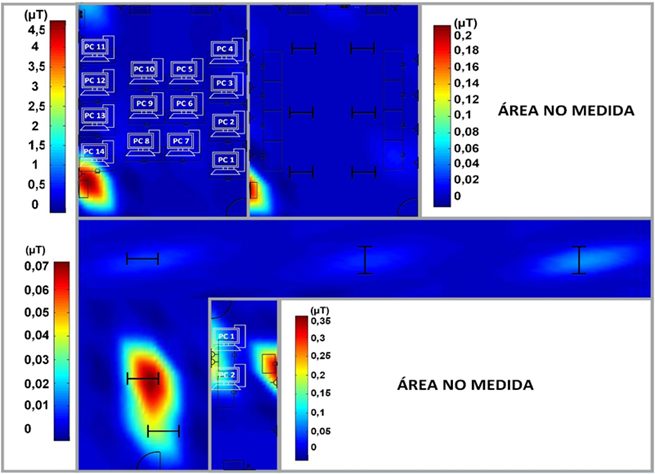 Mapa y escala de colores (&micro;T) de los valores promedios puntuales del laboratorio de computaci&oacute;n de la residencia estudiantil.