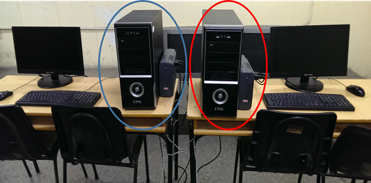 Ilustraci&oacute;n de las posiciones, durante la medici&oacute;n del CM, de la torre y la UPS respecto al monitor sobre los escritorios del laboratorio 3 de la Facultad de Ingenier&iacute;a Autom&aacute;tica y Biom&eacute;dica.