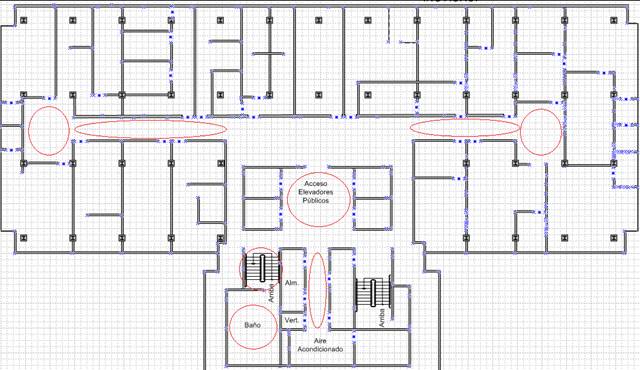 Esquema de planta t&iacute;pico para los pisos de oficinas del edificio. Fuente: (Autores, 2019).