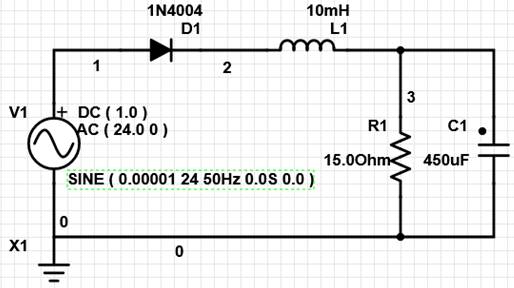 Circuito eléctrico de un rectificador no controlado de un pulso con una carga resistiva - inductiva y un filtro capacitivo implementado en PartSim.
