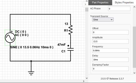Circuito RC estimulado con CA implementado en PartSim