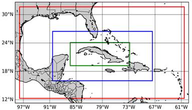 Dominios de simulaci&oacute;n del SisPI. Los cuadros rojo, azul y verde cuentan con resoluciones espaciales horizontales de 27, 9 y 3 km respectivamente. 