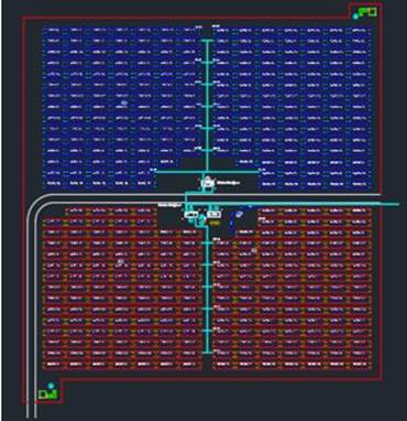 Vista en planta de la central fotovoltaica (400 estructuras con 22 m&oacute;dulos cada una) con 17&deg; de inclinaci&oacute;n y azimut 0&deg;.