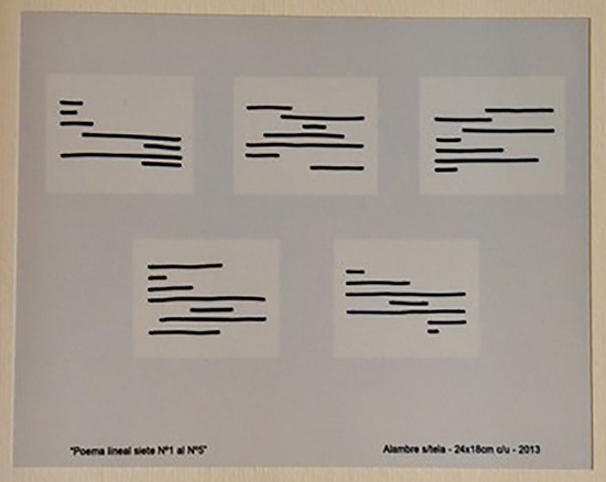 &ldquo;Poema lineal siete n. 1 al n. 5&rdquo;. Alambre sobre tela, 24 x 18 cm.
