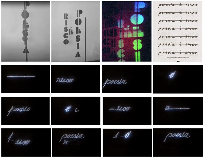 Reprodu&ccedil;&atilde;o de vers&otilde;es da obra &ldquo;poesia &eacute; risco&rdquo;. Respectivamente: dois &acirc;ngulos diferentes do poema-escultura em acr&iacute;lico (1986); poema-holograma (1986); poema impresso na Revista A Cigarra, ano 14, n&deg; 29, nov/dez 1996; sequ&ecirc;ncia de 12 fotogramas do poema-laser (1991), printscreens selecionados a partir do clip-poema inclu&iacute;do no document&aacute;rio Poetas de campos e espa&ccedil;os (1993), dirigido por Cristina Fonseca para a TV Cultura.