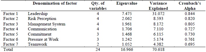 Denomination of the factors, eigenvalues, variance explained and Cronbach’s Alpha