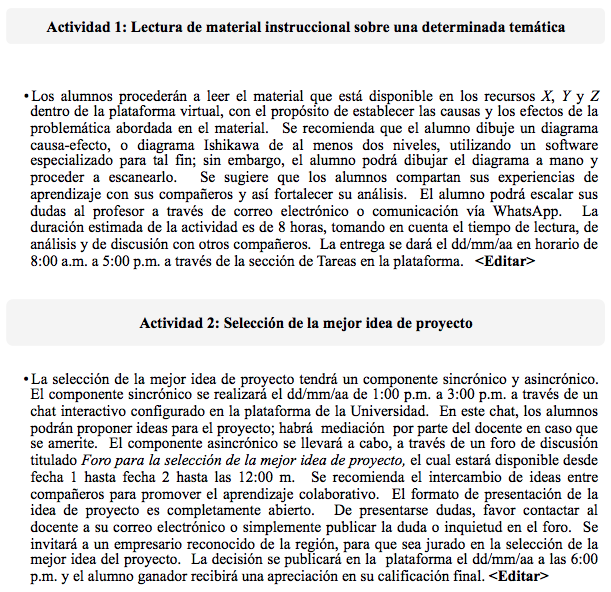 Redacci&oacute;n de las actividades 1 y 2 empleando las buenas pr&aacute;cticas de Chickering y Gamson (1987)