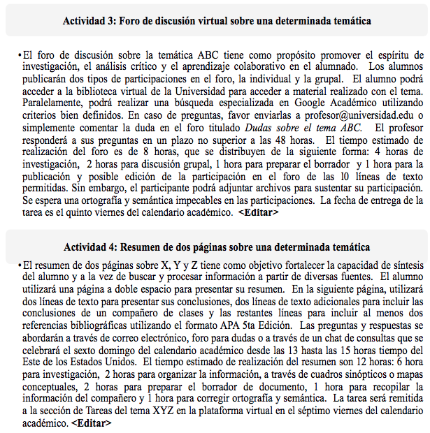 Redacci&oacute;n de las actividades 3 y 4 empleando las buenas pr&aacute;cticas de Chickering y Gamson (1987)