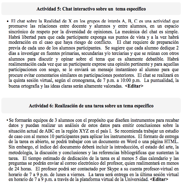 Redacci&oacute;n de las actividades 5 y 6 empleando las buenas pr&aacute;cticas de Chickering y Gamson (1987)