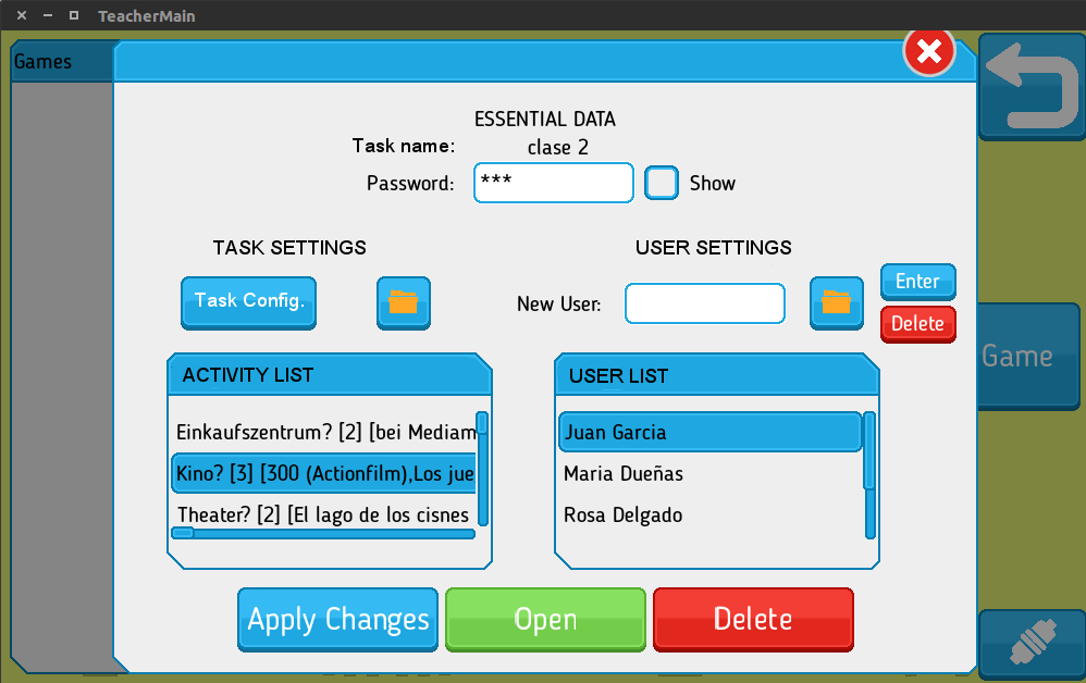 Interfaz con las actividades y los usuarios disponibles (Teacher App)