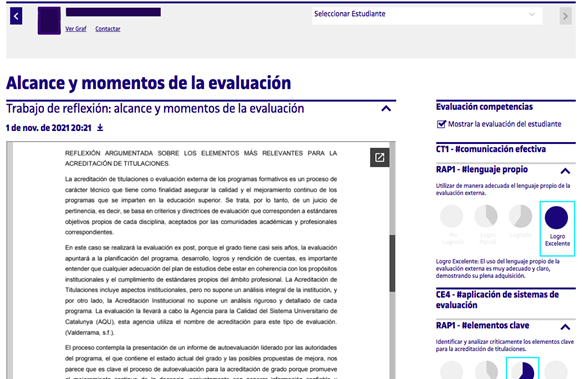 Visualizacin parcial de la herramienta para la autoevaluacin competencial: a izquierda se muestran las evidencias de aprendizaje, y a derecha la autoevaluacin del estudiantado (recuadro en azul claro) y la evaluacin del profesorado (crculo en azul marino)