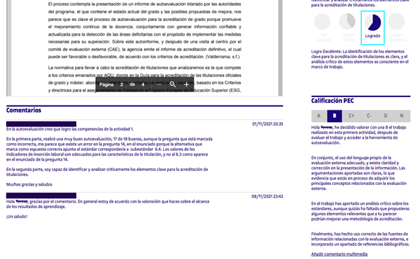 Visualizacin parcial de la herramienta: a izquierda se muestra el dilogo entre estudiantado y profesorado y a derecha (y una vez finalizado dicho dilogo) la calificacin y feedback final