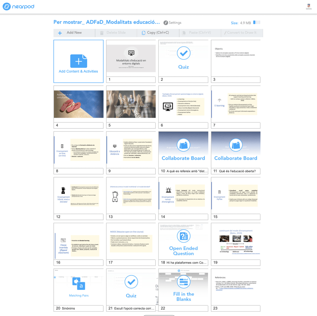 Vista general del diseo de la secuencia de contenidos y actividades de una videoconferencia sincrnica con Nearpod