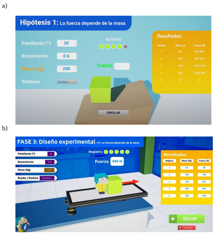 La Interfaz de a) la versi�n piloto y b) la versi�n mejorada de IndagApp. En el margen inferior izquierdo de la imagen b) se observa una de las pesta�as de andamiaje