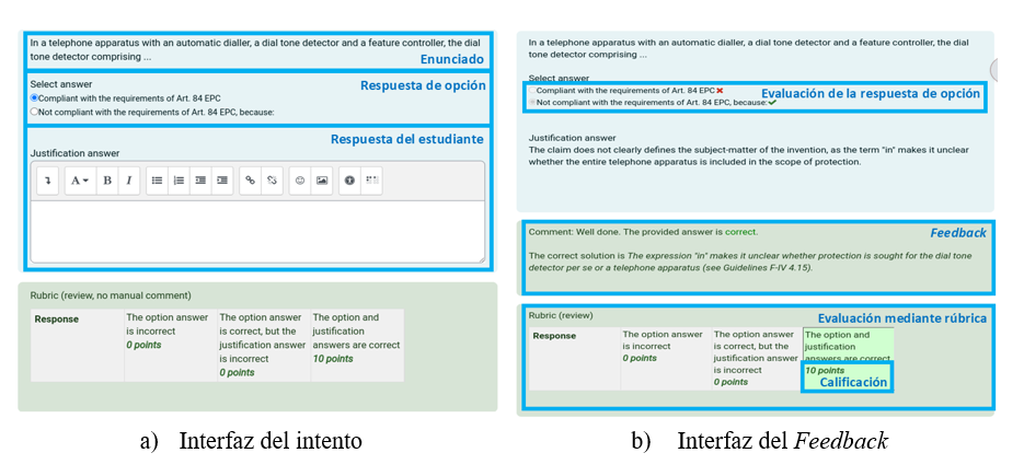 Interfaz de la pregunta en Moodle para el estudiantado