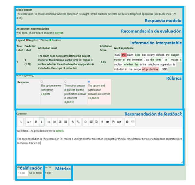 Interfaz de evaluación en Moodle para el profesorado