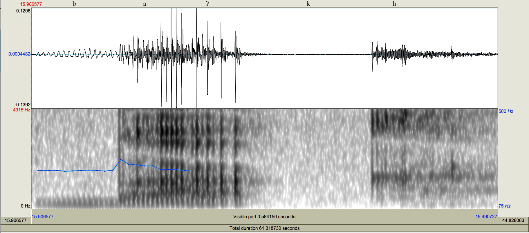 Oscilograma y espectrograma de la palabra
              bak [b&aacute;?k
              h] ?espalda?
            