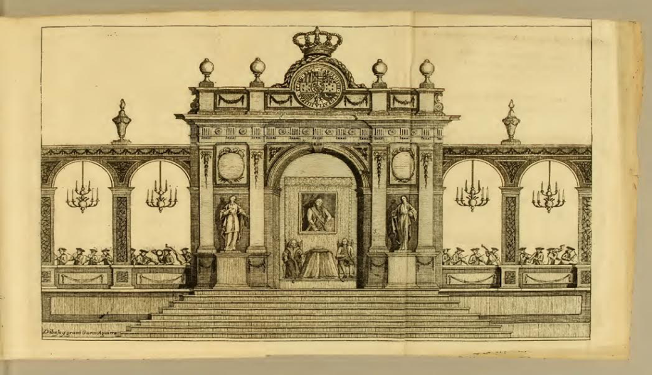 Arquitectura ef&iacute;mera en el palacio de la Real Audiencia. C. Cadena. 1793.
              Breve relaci&oacute;n de la solemnidad y augusta pompa con que se recibi&oacute; en la capital del reino de Guatemala el real sello de nuestro reinante cat&oacute;lico monarca el se&ntilde;or Carlos IV. Guatemala: Imprenta de Ignacio Beteta. Biblioteca Nacional de Chile, Sala Medina.
            