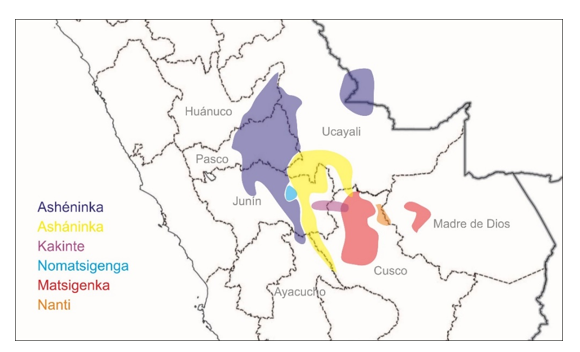 Distribución geográfica aproximada de las lenguas campa