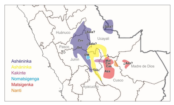 Ubicación geográfica aproximada de los lugares de recolección de los materiales en relación con la ubicación aproximada de las lenguas campa