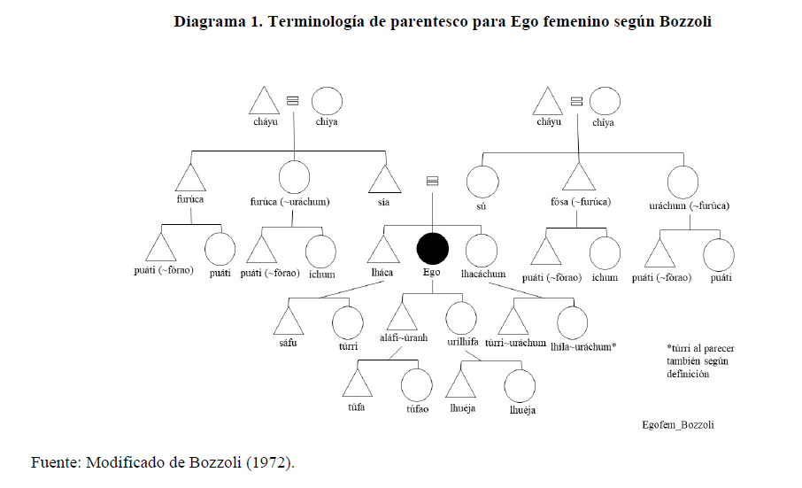 Diagrama 1. Terminolog&iacute;a de parentesco para Ego femenino seg&uacute;n Bozzoli
