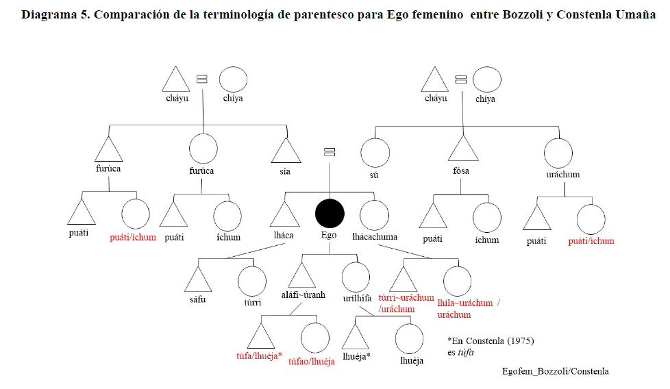 Diagrama 5. Comparaci&oacute;n de la terminolog&iacute;a de parentesco para Ego femenino  entre Bozzoli y Constenla Uma&ntilde;a