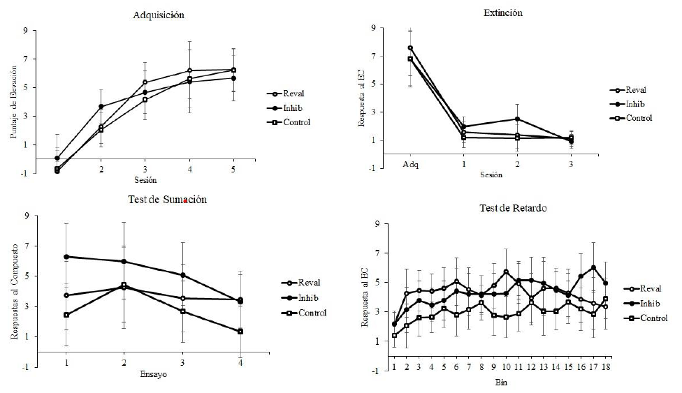 Conducta durante las fases de Adquisici�n (superior izquierda), Extinci�n (superior derecha), Test de Sumaci�n (inferior izquierda), y Test de Retardo (inferior derecha), del Experimento 1. La abscisa representa sesiones para las fases de Adquisici�n y Extinci�n, ensayos en el Test de Sumaci�n o Bin (periodo de tiempo de 1 min.) en el test de retardo. Las barras de error representan intervalos de confianza de la media.