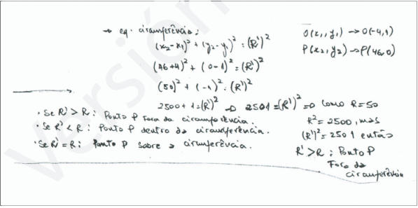 Resolucao de aluno para C= (-4,1) R= 50 P= (46,0)