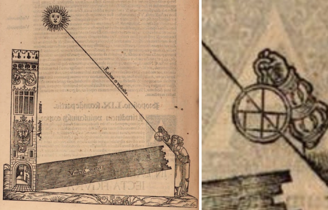 Imagen de la t&eacute;cnica de medici&oacute;n cuando la
elevaci&oacute;n del Sol es 45&ordm;, tomada de "Elucidatio Fabricae Ususque Astrolabii", por
St&ouml;ffler, 1513, segunda parte, folio LXX