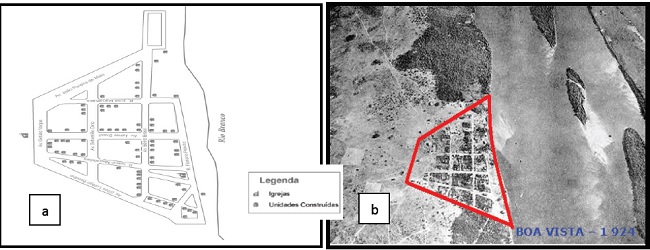 Croqui da cidade de Boa Vista (1924) e foto aérea de Boa Vista em
							1924