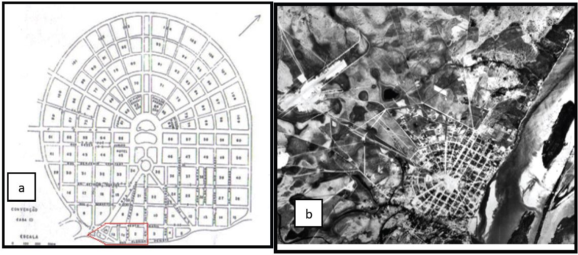 Plano radial-concêntrico de Boa Vista (1946) e imagem de Boa Vista
							(1969)