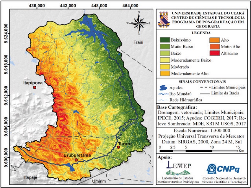 Mapa do potencial de escoamento superficial na bacia do rio Mundaú
							pelo método da Média Ponderada Ordenada - risco médio (50%) e
							compensação de 100%